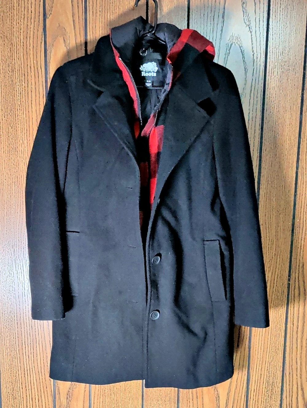 Roots Men's Black & Zip Out Plaid-Lined Pea Coat Size Medium Excellent Condition